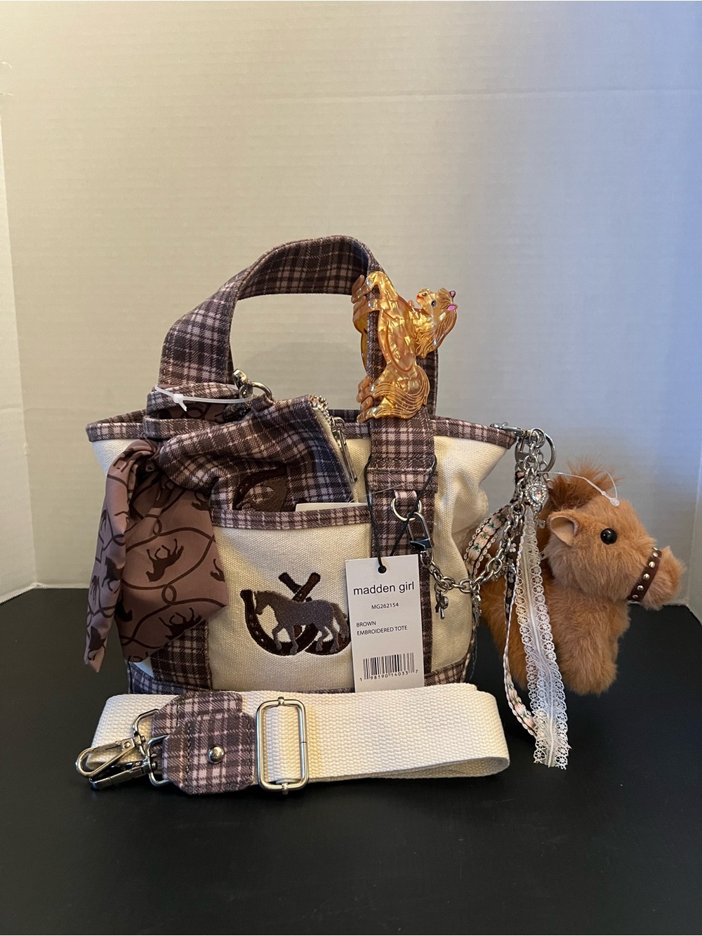 Madden Girl Brown Plaid & Cream Horse Tote with Plush Horse Charm